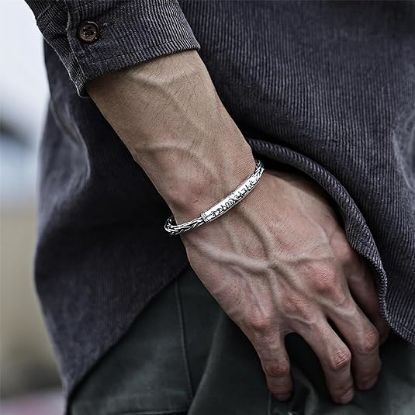 图片 男士银袖带手镯扭曲编织开放式可调节手镯珠宝礼品