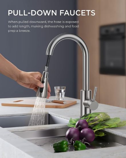 图片 FORIOUS Kitchen Faucets, Brushed Nickel Kitchen Faucet with Pull Down Sprayer, High Arc Single Handle Stainless Steel Sink Faucets 1 or 3 Hole, Kitchen Sink Faucets for Farmhouse Camper Laundry Rv Bar