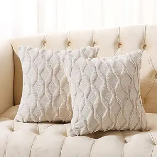 图片 Volcanics Pack of 2 Faux Wool Throw Pillow Covers 20x20 Inches Decorative Farmhouse Velvet Couch Pillow Case Soft Plush Square Boho Cushion Pillowcase, Embroidery, Geometric, Home, Beige