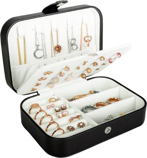 图片 Travel Jewelry Box,PU Leather Small Jewelry Organizer for Women Girls,Portable Mini Travel Case Display Storage Holder Boxes for Stud Earrings, Rings, Necklaces, Bracelets