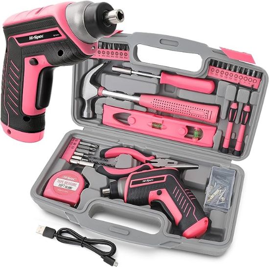 图片 Hi-Spec 35pc Pink tool kit with 3.6V USB Electric Screwdriver and drill set. Complete women tool set