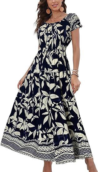 图片 OSTOO Women's 2024 Summer Short Sleeves Boho Floral Print Tiered Casual Flowy Long Maxi Dress