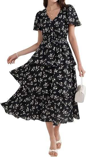 图片 GRACE KARIN Women's 2024 Floral Summer Long Midi Dress V Neck Short Sleeve Ruffle Tiered Layered Boho Swing Dresses