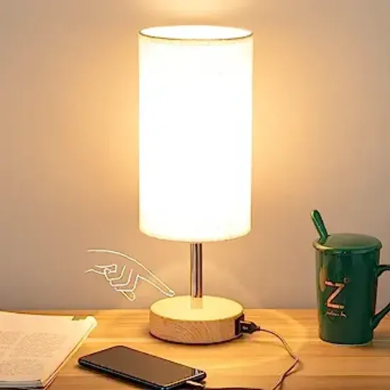 图片 Yarra-Decor Bedside Table Lamp with USB Port - Touch Control for Bedroom Wood 3 Way Dimmable Nightstand Lamp with Round